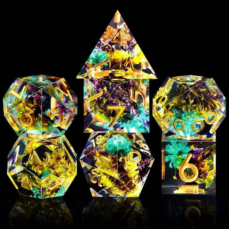AUSTOR 7-Die DND Dice Set Handmade Sharp Edge Dice Resin Polyhedral Dice for Dungeons and Dragons RPG MTG Table Games（Yellow & Violet Glenflower） - Image 2